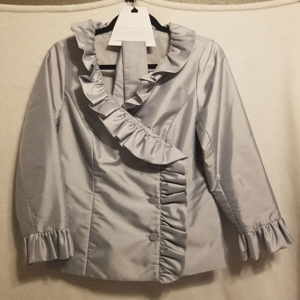 Calvin Klein S Blazer Jacket Gray Silver Ruffle Belt Career Formal Office Preppy